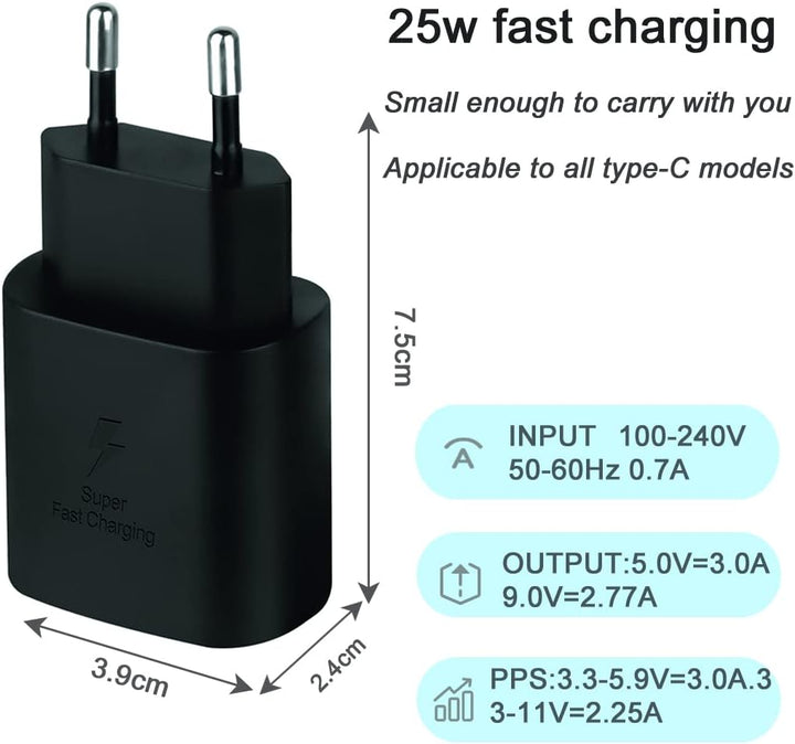 2er-Pack 25W Ladegerät USB C, Schnellladegerät PD 3.0 Ladestecker mit Schnellladekabel 2.0m Netzteil