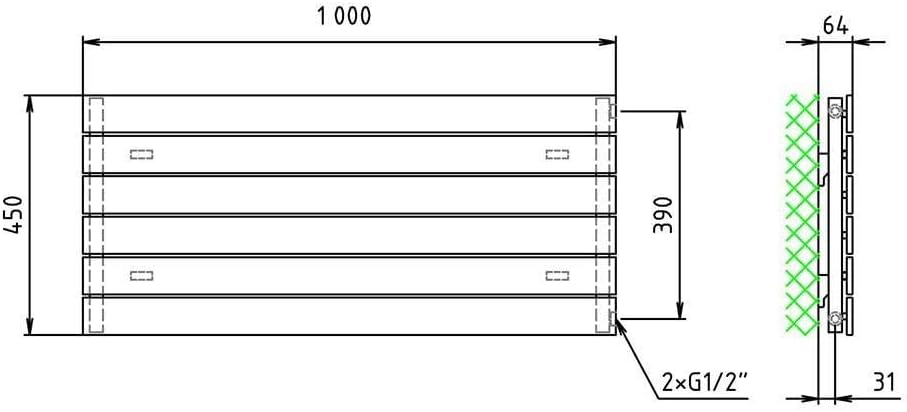 Paneelheizkörper Heizkörper Badheizkörper horizontal 450 x 1000 seitlicher Anschluss (502 Watt nach