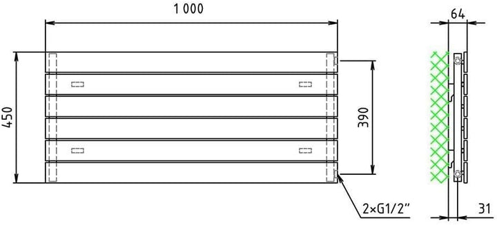 Paneelheizkörper Heizkörper Badheizkörper horizontal 450 x 1000 seitlicher Anschluss (502 Watt nach