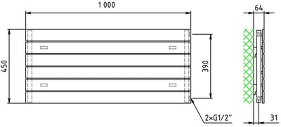 Paneelheizkörper Heizkörper Badheizkörper horizontal 450 x 1000 seitlicher Anschluss (502 Watt nach