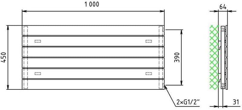 Paneelheizkörper Heizkörper Badheizkörper horizontal 450 x 1000 seitlicher Anschluss (502 Watt nach