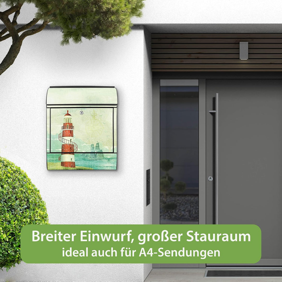 banjado® Design Briefkasten mit Motiv Alter Leuchtturm 39x47x14cm &amp; 2 Schlüssel - Briefkasten Stahl