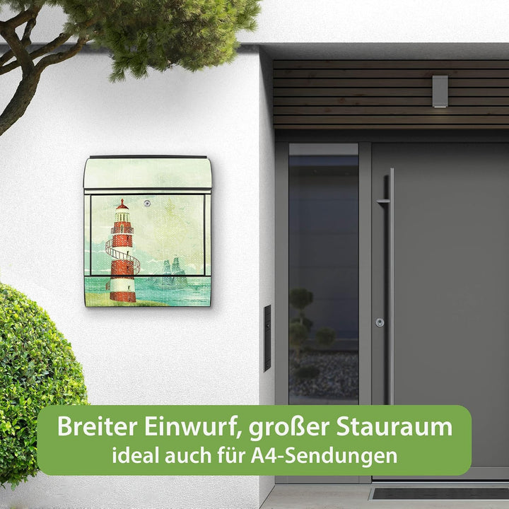 banjado® Design Briefkasten mit Motiv Alter Leuchtturm 39x47x14cm &amp; 2 Schlüssel - Briefkasten Stahl
