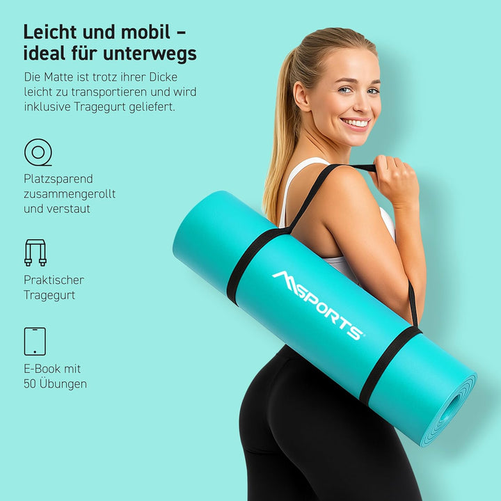 MSPORTS Gymnastikmatte Premium inkl. Tragegurt + Übungsposter + Workout App I Hautfreundliche Fitnes
