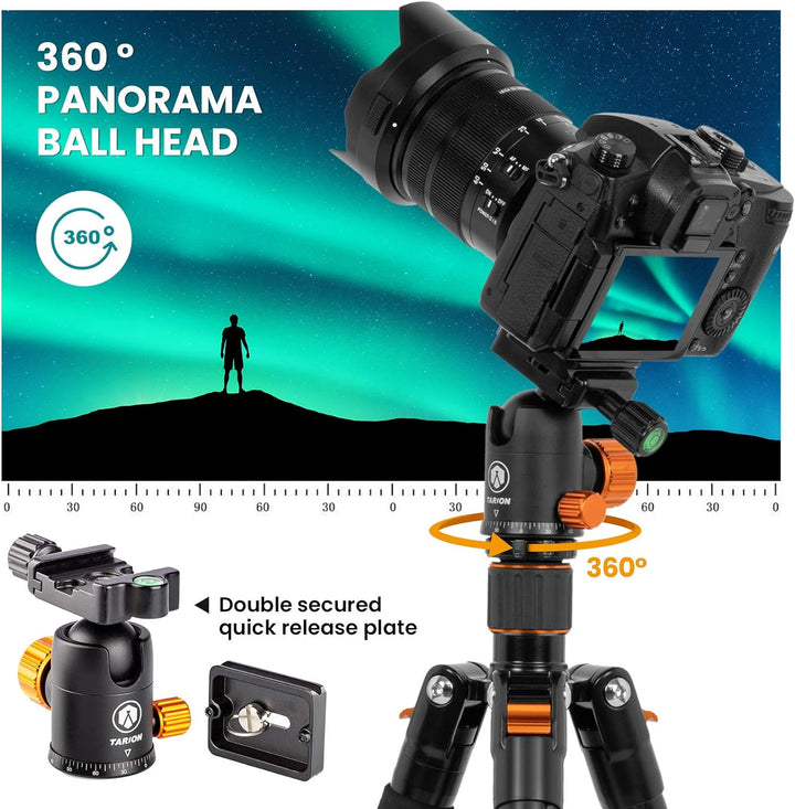 TARION Kamera Stativ mit Transversal Mittelsäule, Aluminium Fotostativ Reisestativ mit 360° Kugelkop