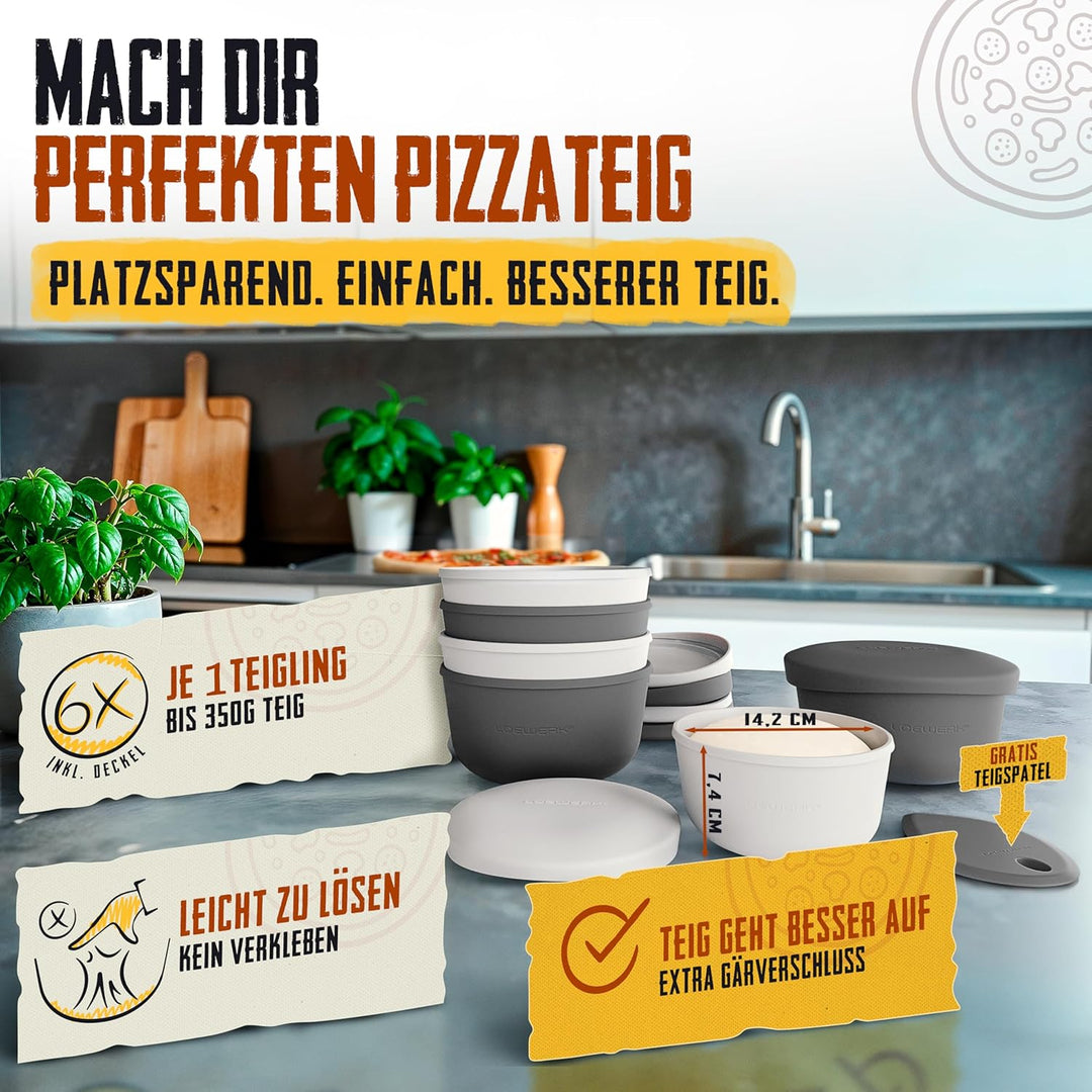 LOEWERK Pizzaballenbox mit Deckel [+ Teigspatel], 6er Set - Teiglinge leicht entnehmen - platzsparen