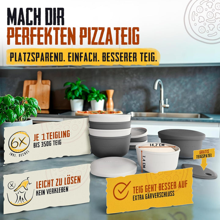 LOEWERK Pizzaballenbox mit Deckel [+ Teigspatel], 6er Set - Teiglinge leicht entnehmen - platzsparen