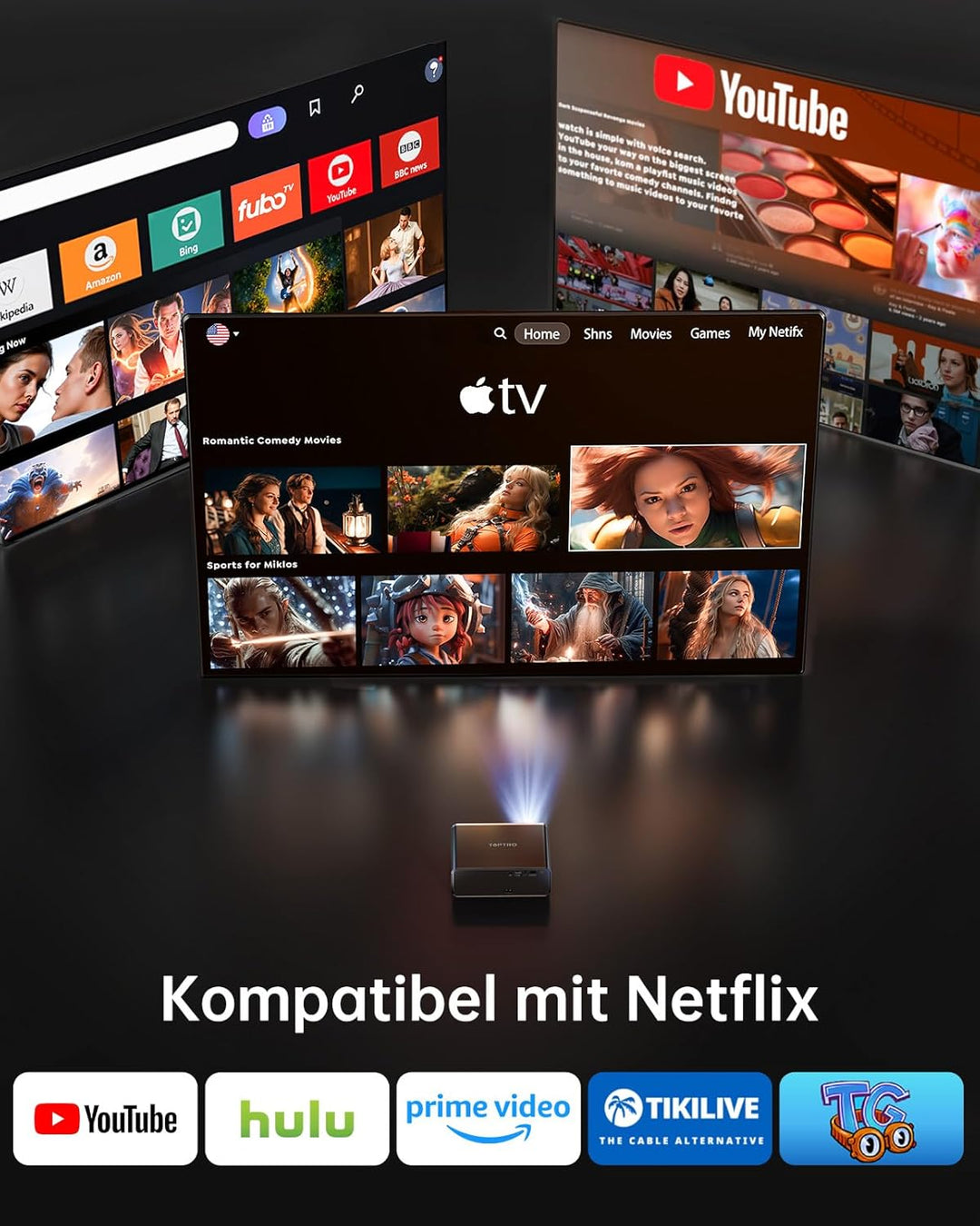 Smart Beamer [Kompatibel mit Netflix & 20W Dolby Audio] 1000 ANSI Autofokus & 6D Trapezkorrektur, TO