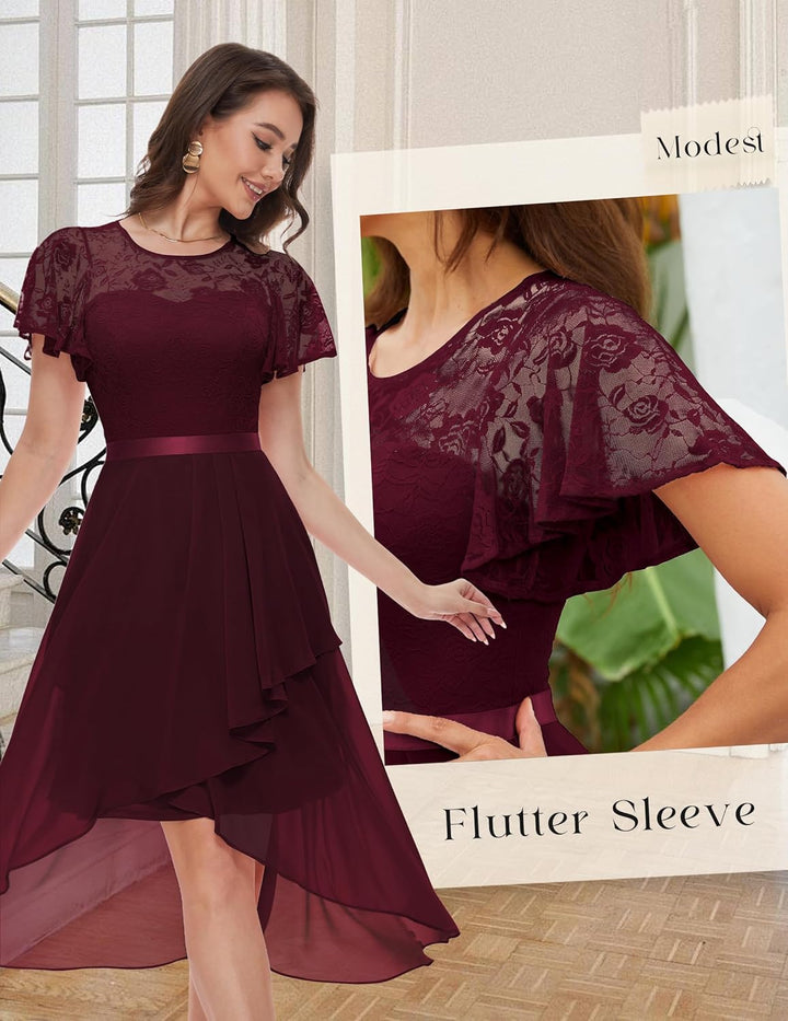 Wedtrend Abendkleid Damen Elegant Cocktailkleid High Low Ballkleider mit Spitzen A Linie für Hochzei