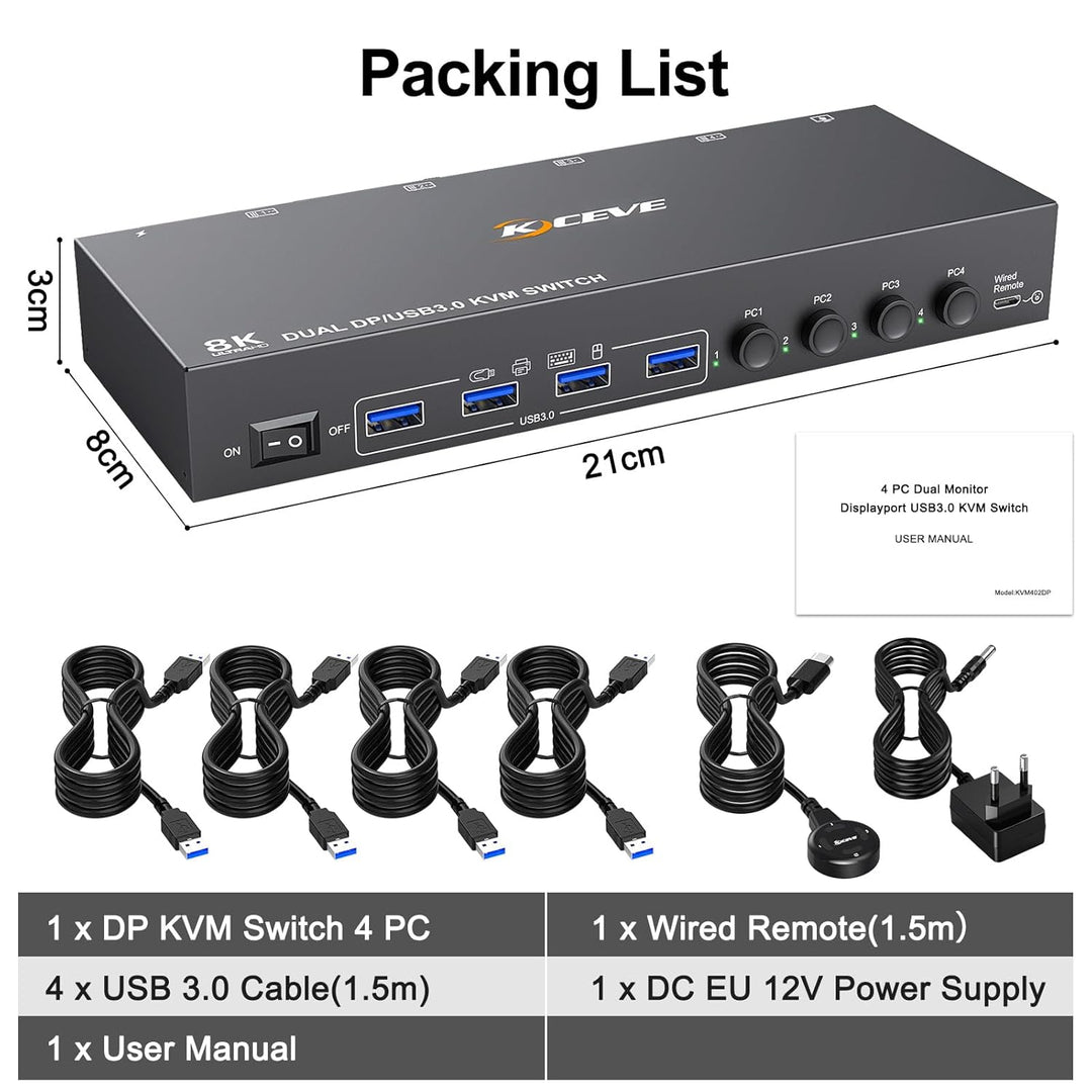 KVM Switch 4 PC 2 Monitore Displayport, USB 3.0 KVM Switch 4 PC 2 Monitore 4K@144Hz teilen sich Tast