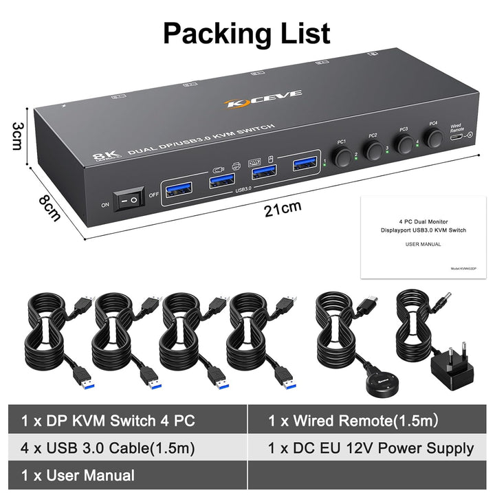 KVM Switch 4 PC 2 Monitore Displayport, USB 3.0 KVM Switch 4 PC 2 Monitore 4K@144Hz teilen sich Tast