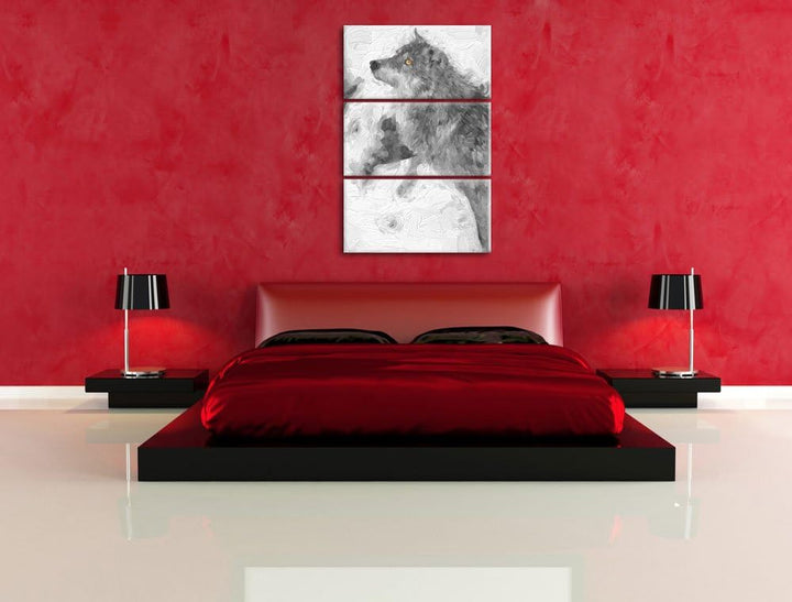 schöner Wolf im Schnee schwarz/weiss Deluxe 3-Teiler Leinwandbild 120x80 Bild auf Leinwand, XXL ries