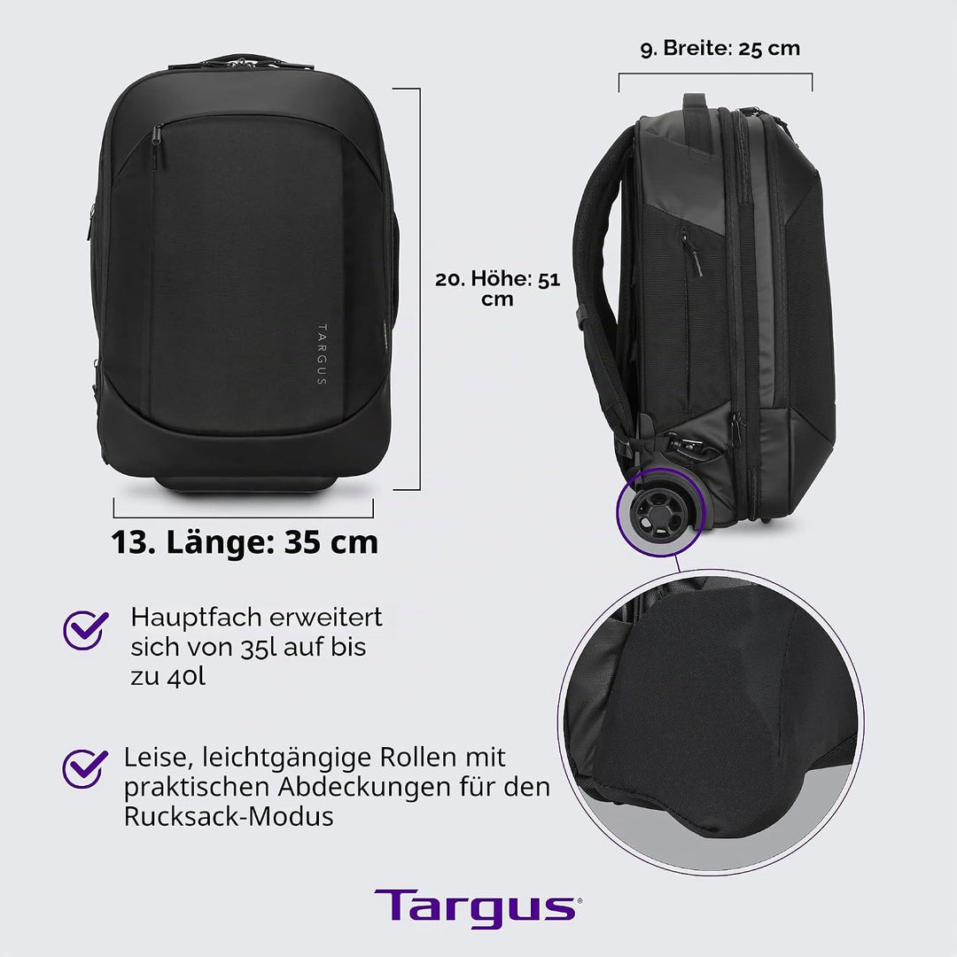 Targus TSB700EU Sport 15-15,6" Notebook-Rucksack mit Rollen Schwarz, Lässt Sich in einen Rollkoffer