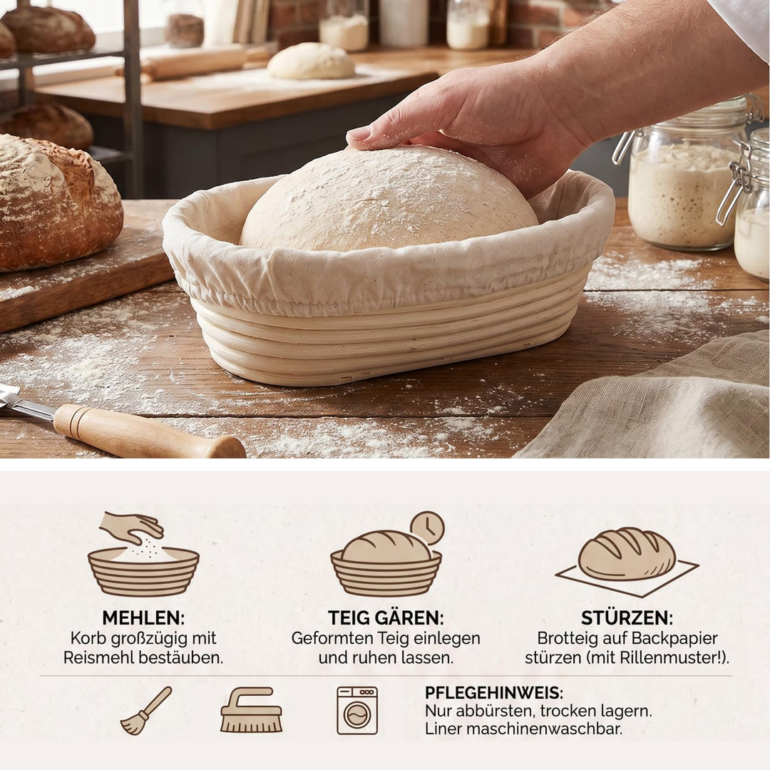 DARDVORLAG Gärkörbchen Oval 25cm mit Leinenbezug – Banneton aus 100% Rattan,Gärkorb für Sauerteigbro