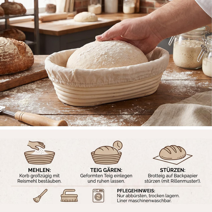 DARDVORLAG Gärkörbchen Oval 25cm mit Leinenbezug – Banneton aus 100% Rattan,Gärkorb für Sauerteigbro
