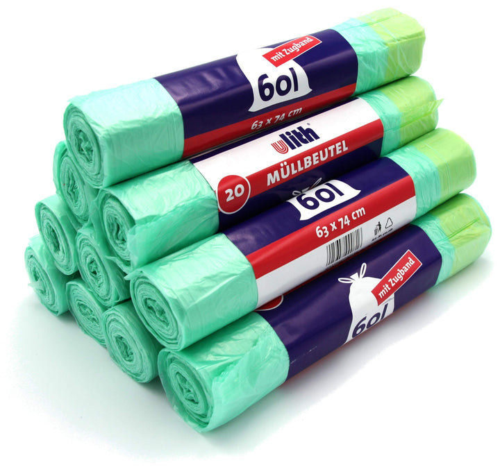 Ulith Müllbeutel mit Kordelzug, 60 Liter, 20 pro Rolle, 63 x 74 cm, reissfest und flüssigkeitsdicht