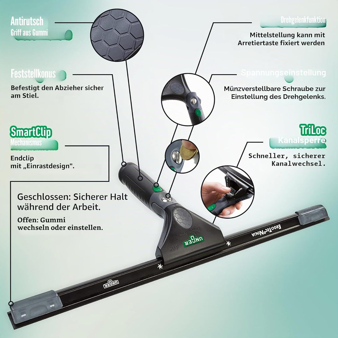 Unger ErgoTec Ninja Fensterwischer 40° (Breite 45 cm, ergonomischer Griff, mit Soft-Gummi, Zwei Gumm