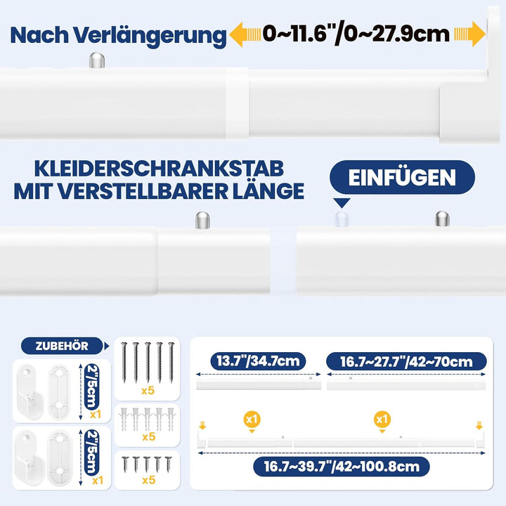 Mavivegue Kleiderstange Schrank, 42-100cm Oval Kleiderstange Ausziehbar | Kleiderstange Wandmontage