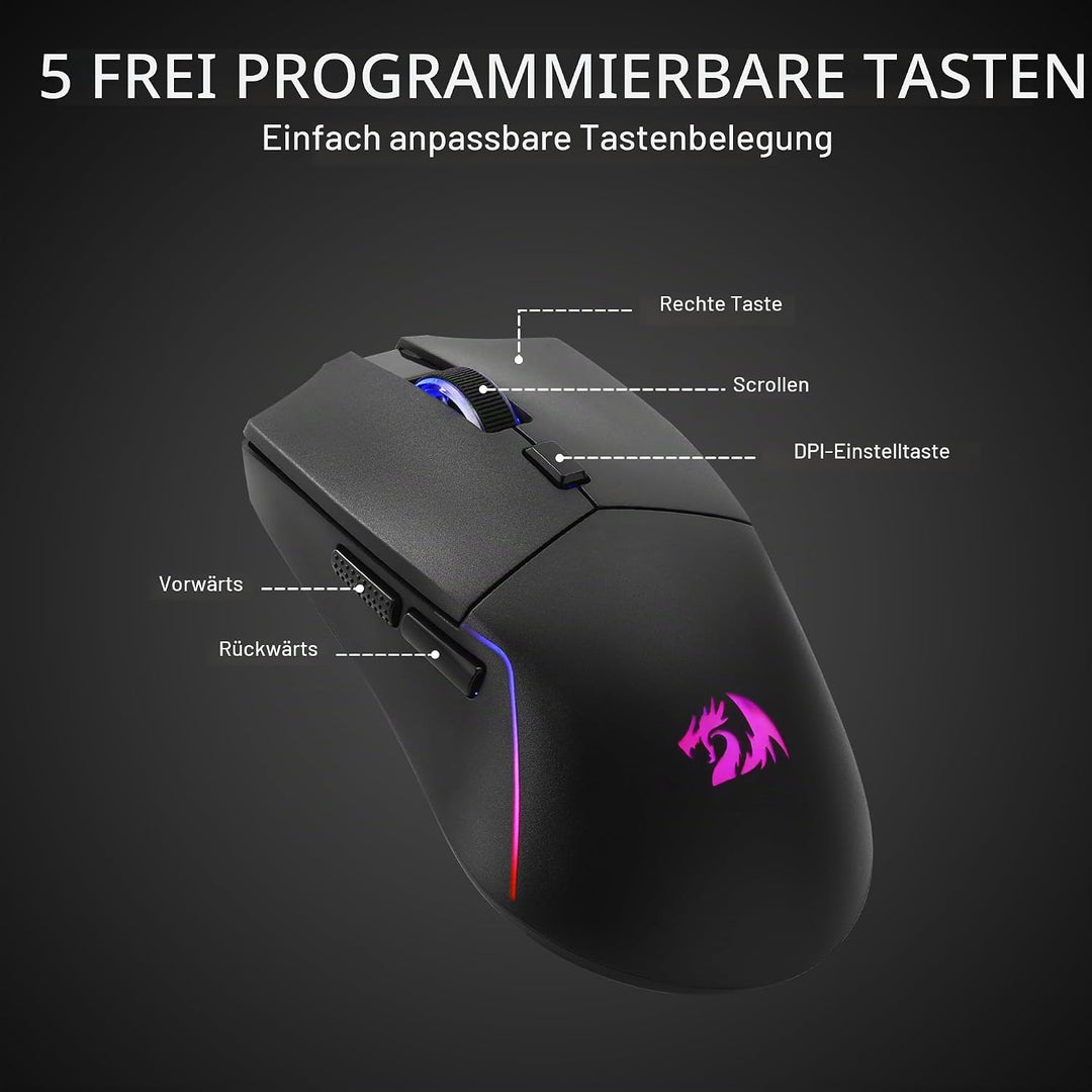 Redragon M730 Wireless Gaming Maus, 10000 DPI, 3-Verbindungsmodi, BT &amp; 2.4G Wireless, 6 Makrotasten,