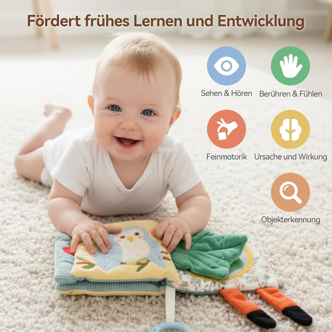 WOODEN TEETHER Babybuch Stoffbuch mit Spiegel, Baby Spielzeug 0-6 Monate Sensorisches Buch - Interak
