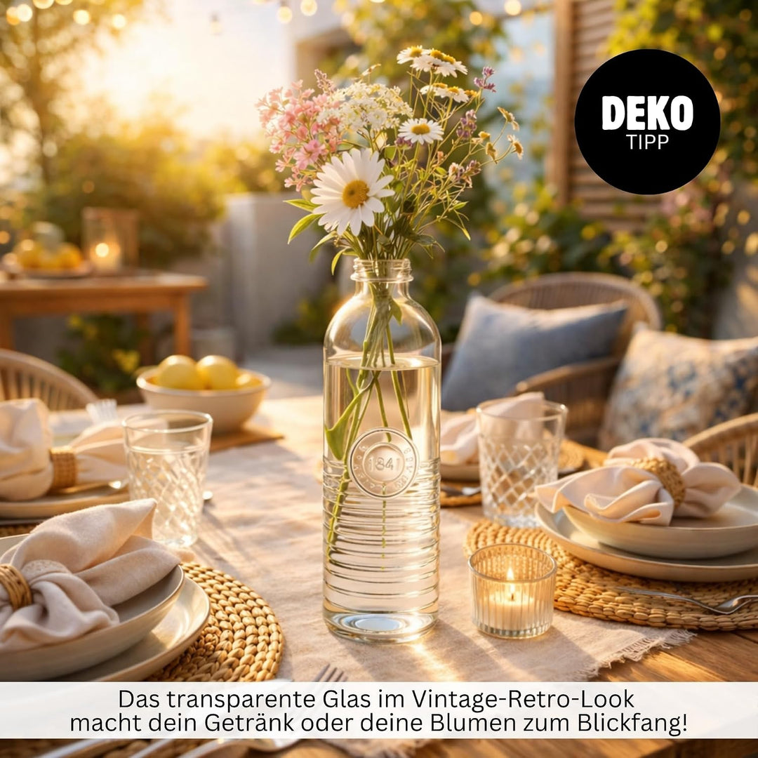3er-Set Wasserflasche, Trinkflasche, Glasflasche für 1 Liter – gestreift | transparente Karaffe – Re