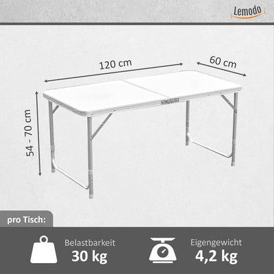 Lemodo Campingtisch weiss klappbar | Klapptisch 3-Fach höhenverstellbar | Falttisch 120 x 60 cm | Le