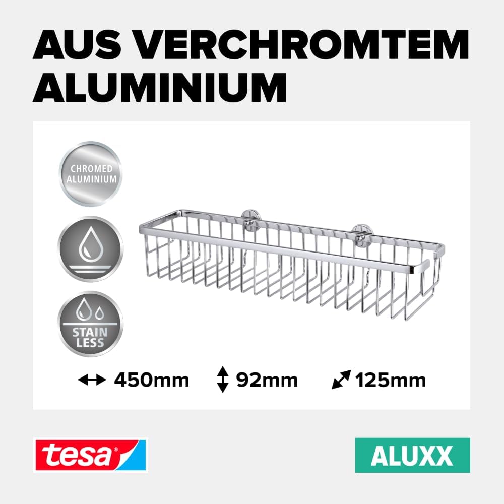 tesa ALUXX Duschkorb ohne Bohren, extra breit (45cm), Aluminium, verchromt, rostfrei, inkl. Klebelös