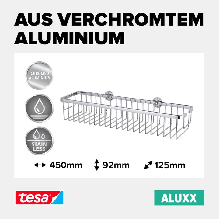 tesa ALUXX Duschkorb ohne Bohren, extra breit (45cm), Aluminium, verchromt, rostfrei, inkl. Klebelös