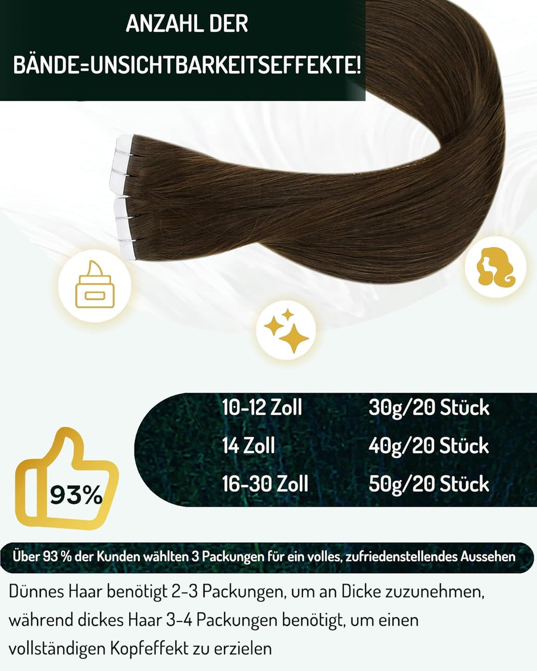 RUNATURE Tape Extensions Echthaar Braun Haarverlangerung 30cm 12 Zoll Skin Weft Tape in Echthaar Ext