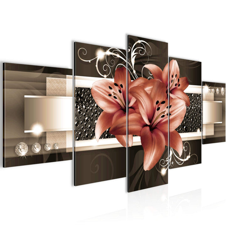 Runa Art Wandbilder Blumen Lilien 5 Teilig Bild auf Vlies Leinwand Deko Wohnzimmer Abstrakt Beige Br