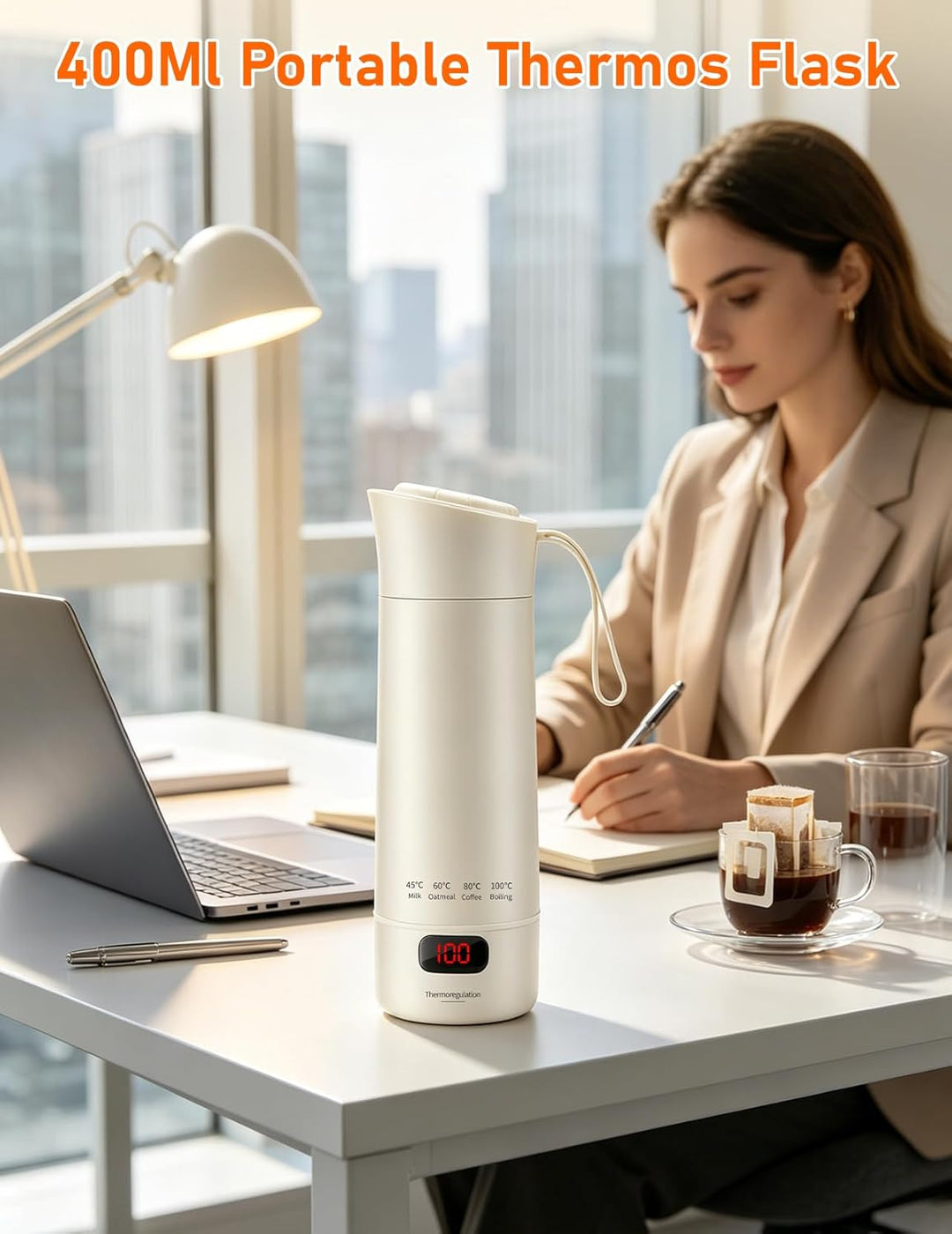 Reisewasserkocher Klein, 450ml Tragbarer Mini Wasserkocher mit 6 Temperatureinstellung LED-Display E