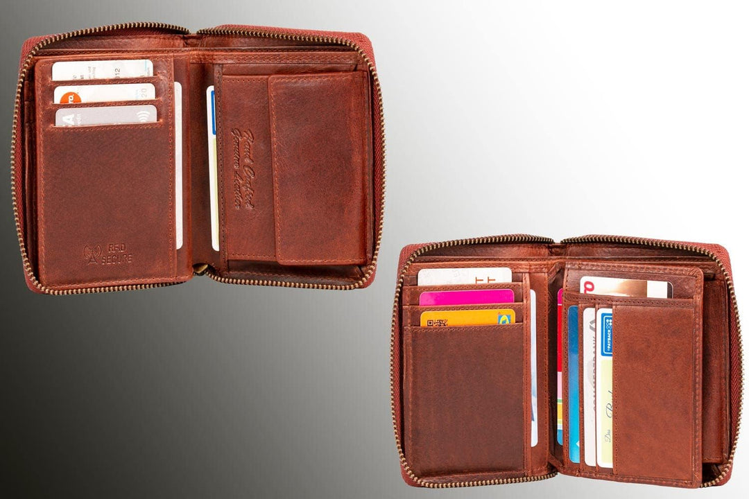 MATADOR Leder Damen Herren Geldbörse Portemonnaie TüV geprüfter RFID & NFC Schutz Antik Vintage Brau
