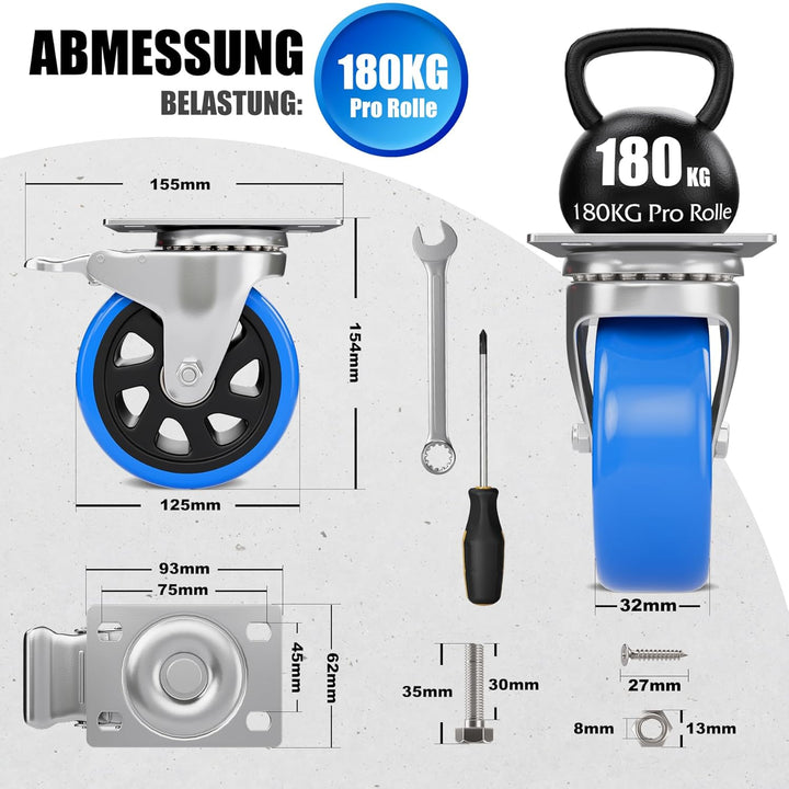 Asibaade 4PCS Schwerlastrollen 125mm inkl. Montagezubehör Transportrollen Lenkrollen mit Bremsem 360