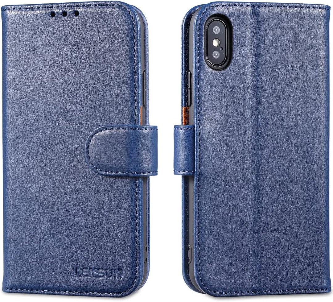 LENSUN Echtleder Hülle für iPhone XS, iPhone X Handyhülle Flip Cover [Echtes Leder][Kartenfach][RFID
