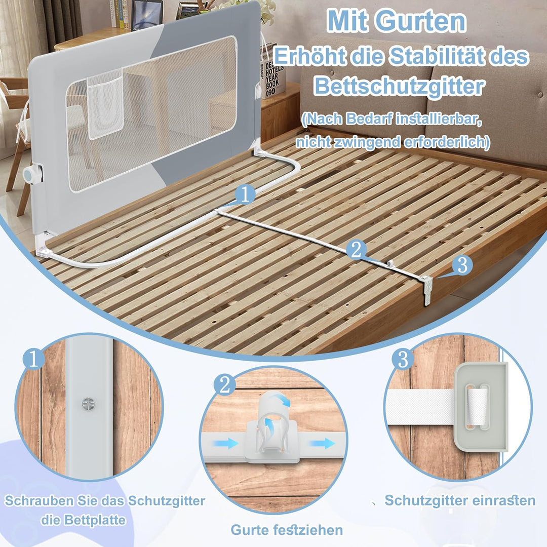 YRHome 150cm Bettgitter Rausfallschutz klappbar 180 Grad drehbar Bettschutzgitter für Kleinkinder lu