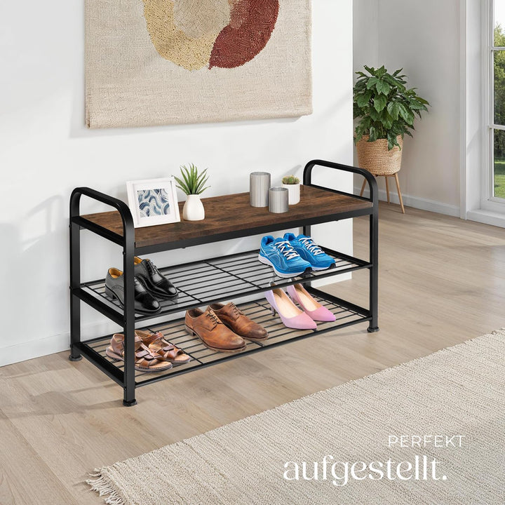 tectake® Schuhregal schmal mit Sitzfläche, Schuhbank 3 Ebenen, 2 Gitterablagen, Schuhregal platzspar