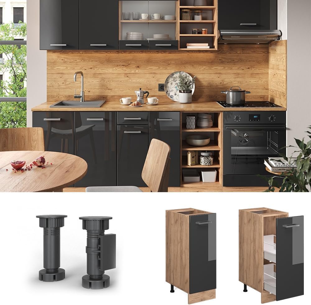 Vicco Unterschrank für die Küche: R-Line, Anthrazit Hochglanz/Goldkraft Eiche, 30 cm AP Marmor Anthr
