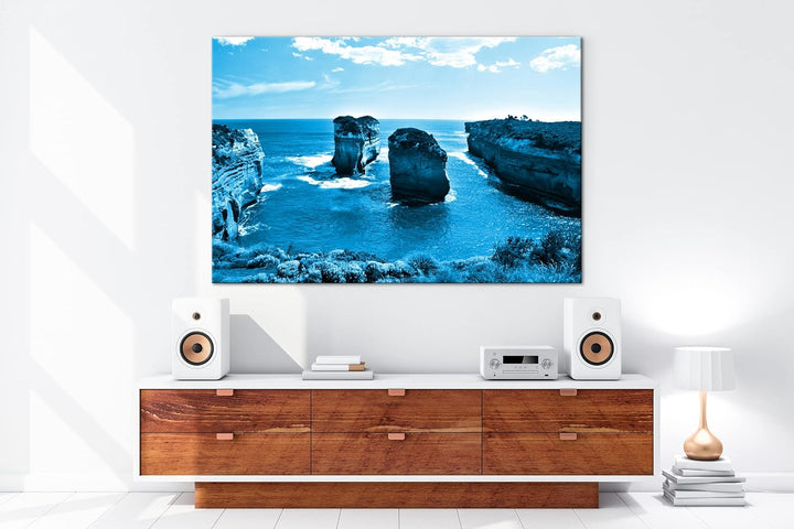deyoli Felsenküste in Australien Format 80x60 Effekt: Monocrome Blau als Leinwandbild, Motiv fertig