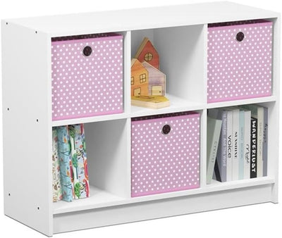 Furinno Basic Bücherregal mit 6 Fächern und 3 Einschüben, holz, Weiss/Rosa, 30.23 x 30.23 x 59.94 cm