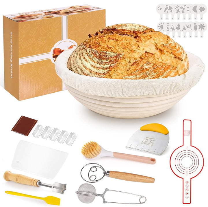 10-teilig Gärkorb Brot Set, 23cm Gärkörbchen zum Brotbacken, Sauerteig Starter Set, Brot Backen Zube