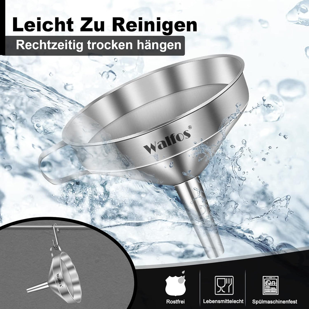 Walfos Trichter Set aus Edelstahl mit 2 abnehmbaren Siebfilter zum Übertragen Flüssigkeit, Speiseöle