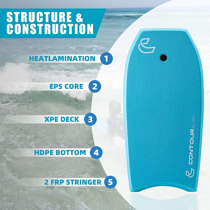 Body Boards for Beach Lightweight Durable Body Board with EPS Core Dual Channel Double Swivel Coiled