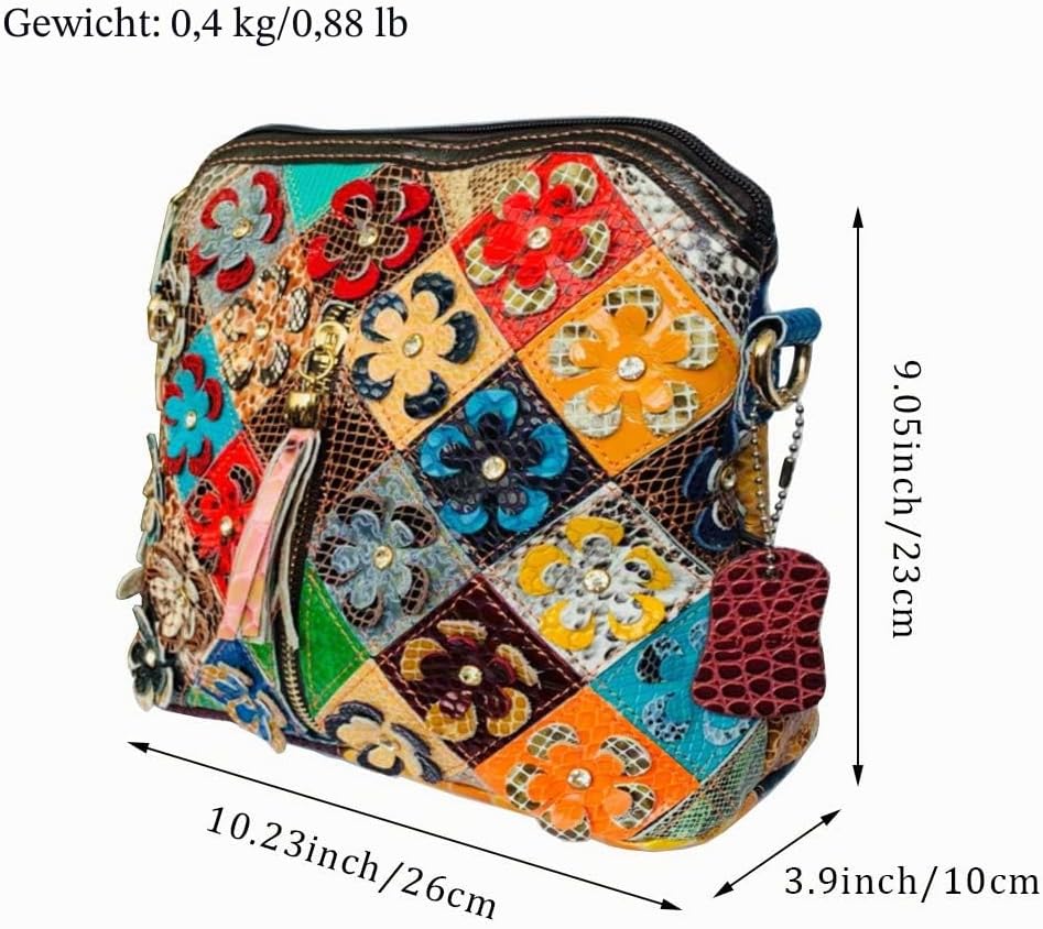 Segater® Mehrfarbig Floral Rind Leder-Umhängetasche für Damen, Vintage Rindsleder Handtasche Blumenm