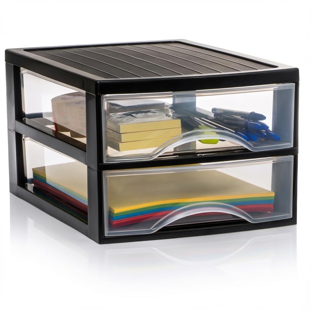 Hausfelder Schubladenbox A4 mit 2 Schubladen, Transparente Kunststoff Schubladenbox für Schreibtisch
