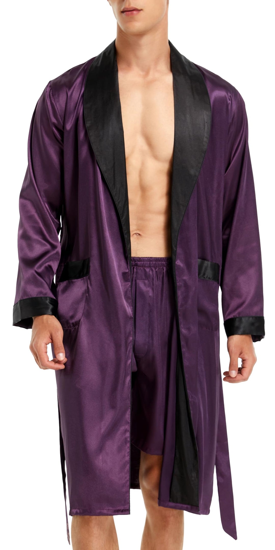 Herren Satin Bademantel, Leichter Seiden Langarm Bademantel mit Shorts Set, Spa Kimono Nachtwäsche L