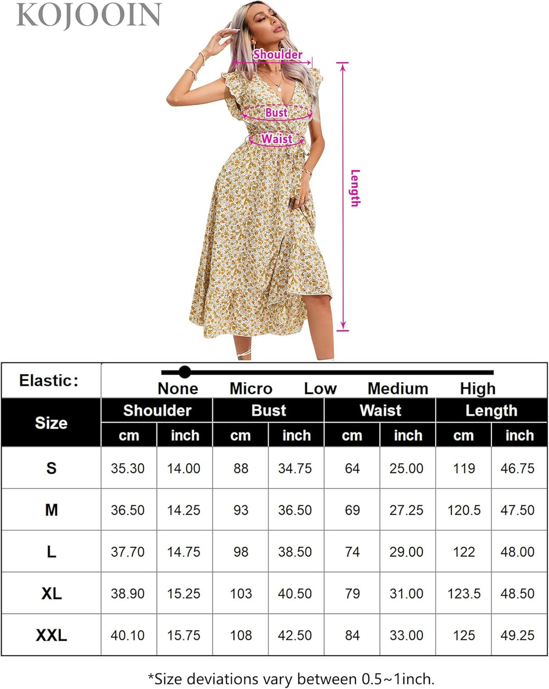 KOJOOIN Damen Sommerkleid Kurzarm Maxikleid Lange Wickelkleid Volant Kleid Rüschen Strandkleid V-Aus