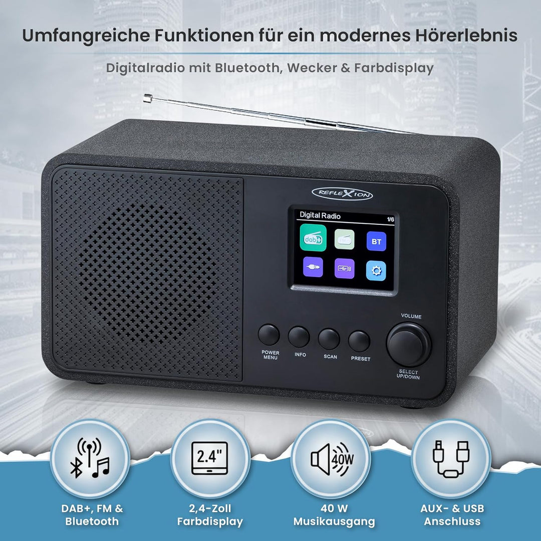 Reflexion DAB+ Radio mit Bluetooth, Wecker & Farbdisplay | Digitalradio mit USB, AUX-IN, Teleskopant