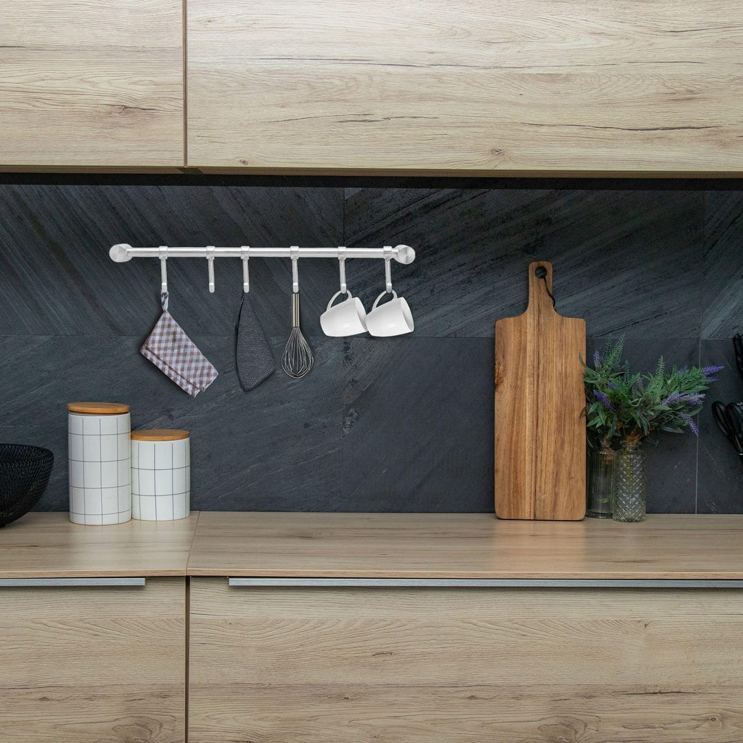 Hängeleiste für die Küche aus Edelstahl mit 6 beweglichen Haken zum Bohren - 35.8 x 3.4 x 2.2 cm - K