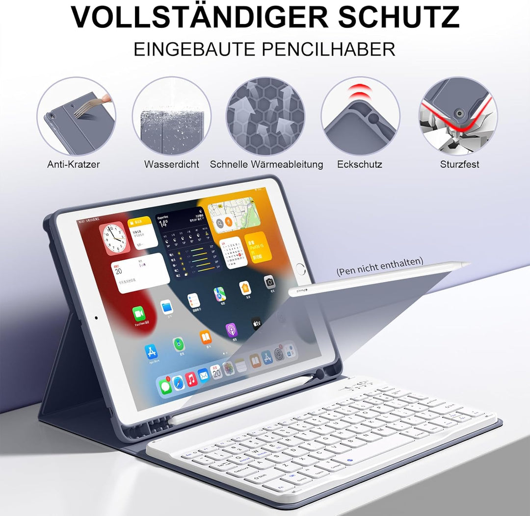 Tastatur Hülle für iPad 9./ 8./ 7.Gen (2021/2020/2019) mit Stifthalter, Soft TPU Schutzhülle, magnet
