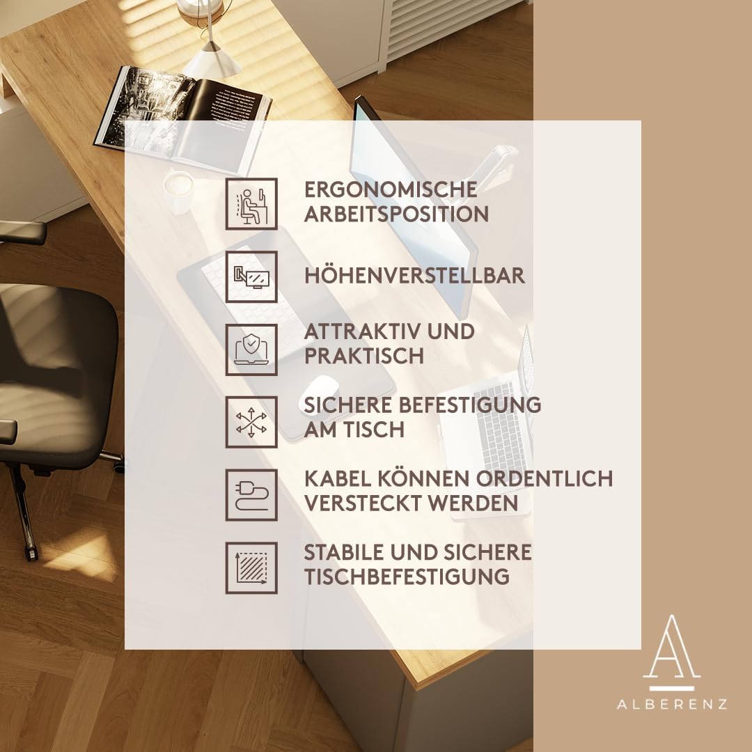 Alberenz® 2-in-1 Laptop- & Monitorhalterung mit Gasfeder, Verstellbarer Doppelarm-Ständer für 12-17"